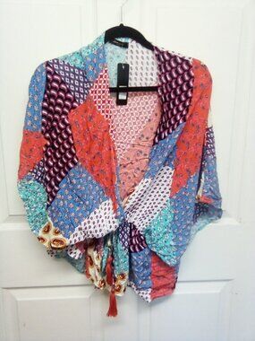 Janice Patterned Blouse w/ Mid Drift Gathered & Tassels. One Size NWT.